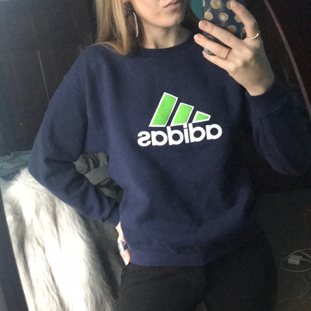 Adidas Navy and Green Crewneck Size Youth Large